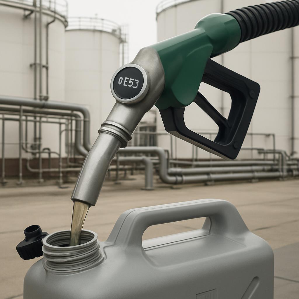 A close-up image of a gas pump nozzle nozzle being used to fill a gray gasoline container in a white industrial area with ...