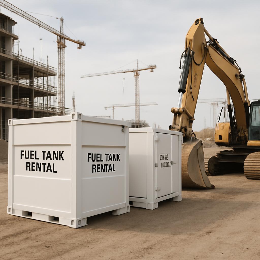 Fuel Tank Rental Site. Two large white unlocked storage bins marked 'Fuel Tank Rental' are surrounded by construction equi...